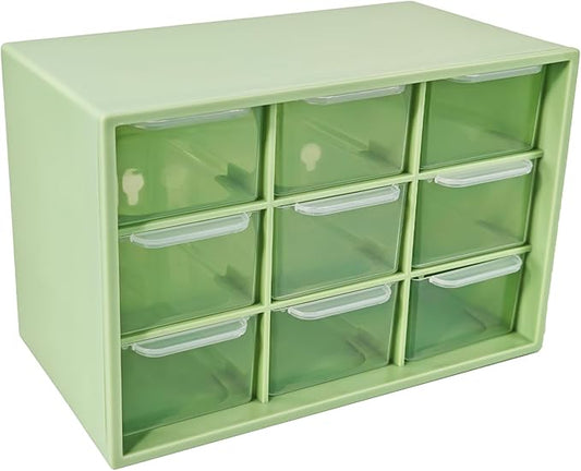 Small Drawer Organizer for Desk, 7.1" x 3.8" x 4.6" Mini Desktop Drawer Organizer with 9 Clear Drawers, Compact Craft & Office Supplies Organizer for Home School (Green)