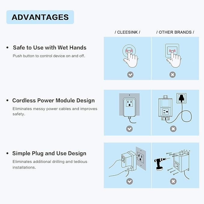 Garbage Disposal Switch, Cordless Air On Off Kit for Food Waste Disposer, Plastic White, SHORT 2.5" Sink Top Push Button by CLEESINK