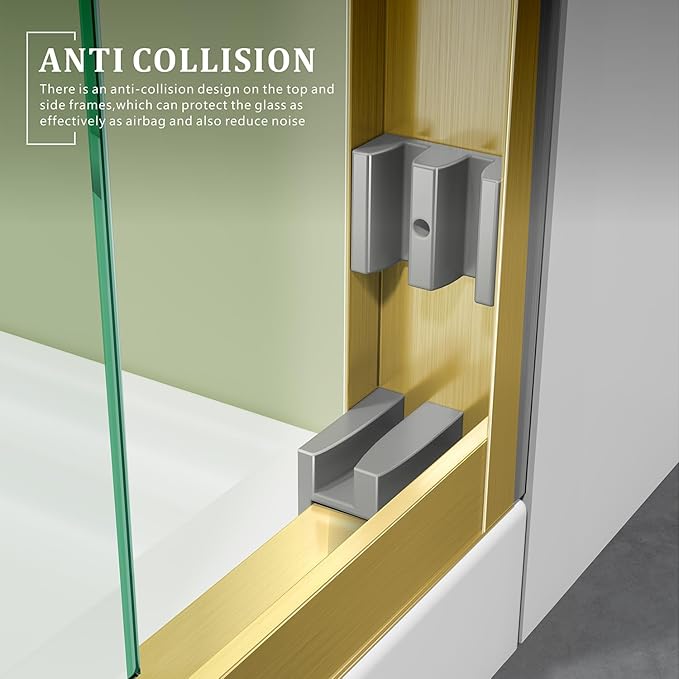 Brushed Gold Glass Shower Door,45~48" W x 72" H Semi-Frameless Glass Door,1/4'' SGCC Tempered Clear Glass Door with Stainless Steel Handles,Reversible Easy Installation Sliding Doors for Bathroom