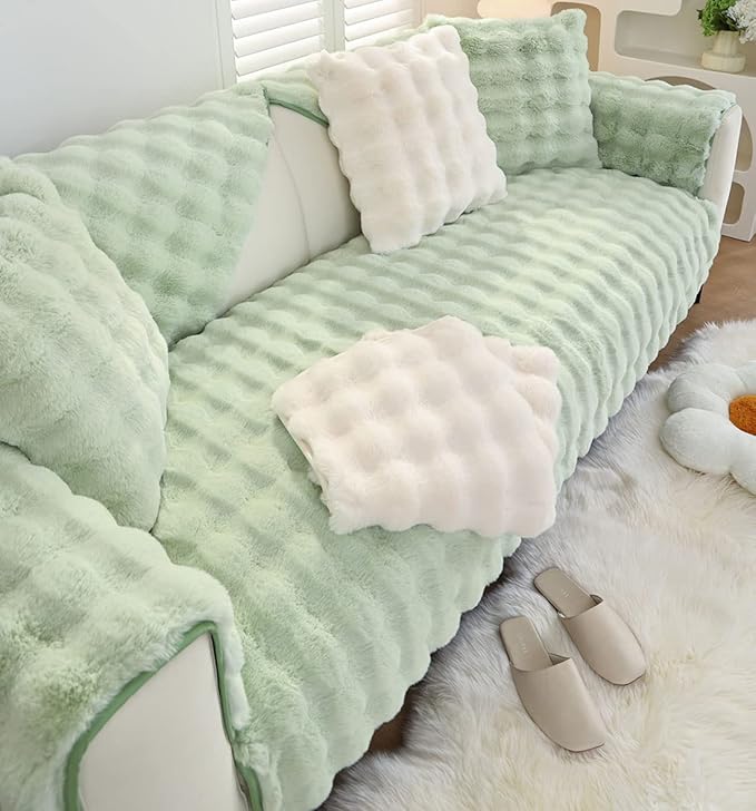 Soft Warm Faux Fur Couch Sofa Cover Thick Shaggy Fuzzy Sectional Couch Cover Non-Slip Solid Color Plush Sofa Slipcover Furniture Protector for Kids, Pets (Light Green,28"x59")