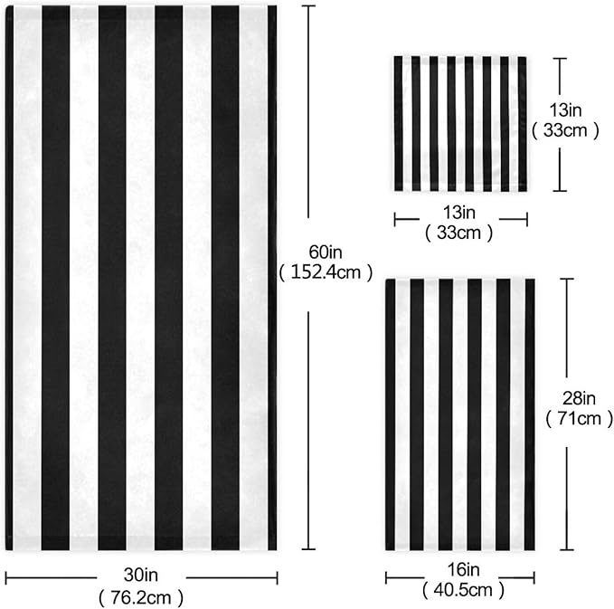 White Black Striped Bath Towels Set, 3-Piece Modern Fashion Set (1 Bath, 1 Hand, 1 Washcloth), Absorbent Microfiber Decorative Bathroom Towels for Fingertip, Hair, Face