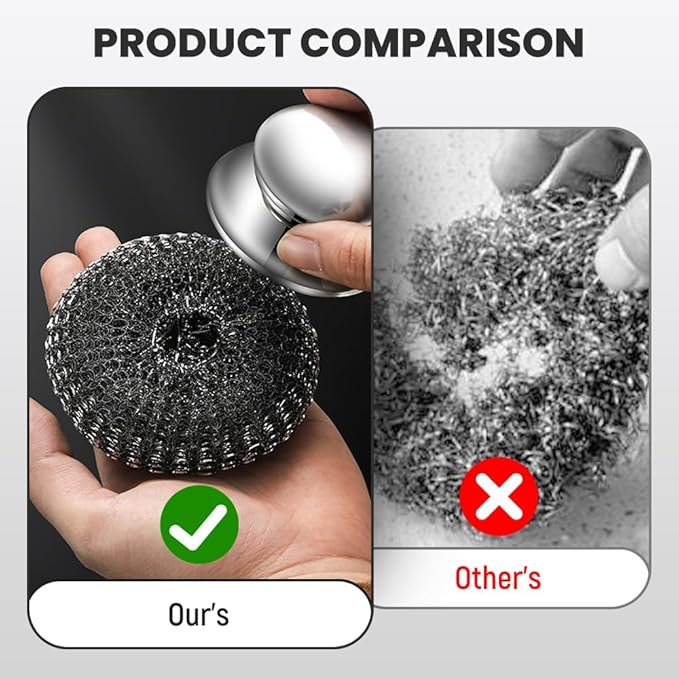2025 New Stainless Steel Wool Scrubber with Handle, Heavy Duty Scrubber Detachable Metal Steel Scrubber Wool Pads for Cleaning Dishes, Cast Iron Pots, Stoves, Kitchen Sink (2 Pcs)