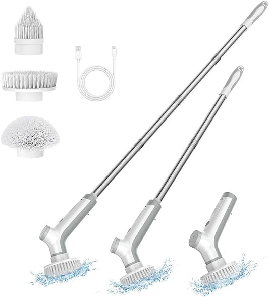VEWIOR Electric Spin Scrubber with 3 Replacement Brushes, Cordless Shower Scrubber with Adjustable Handle and Power Dual Speed for Bathroom Tub Tile Grout