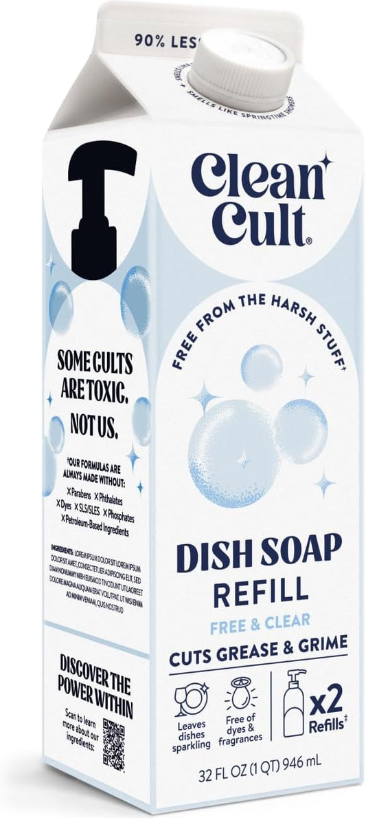 Cleancult Dish Soap Liquid Refill (32oz, 1 Pack) - Plant Based Cleaning Power - Dish Soap that Cuts Grease & Grime - Free of Harsh Chemicals - Uses 90% Less Plastic - Free & Clear