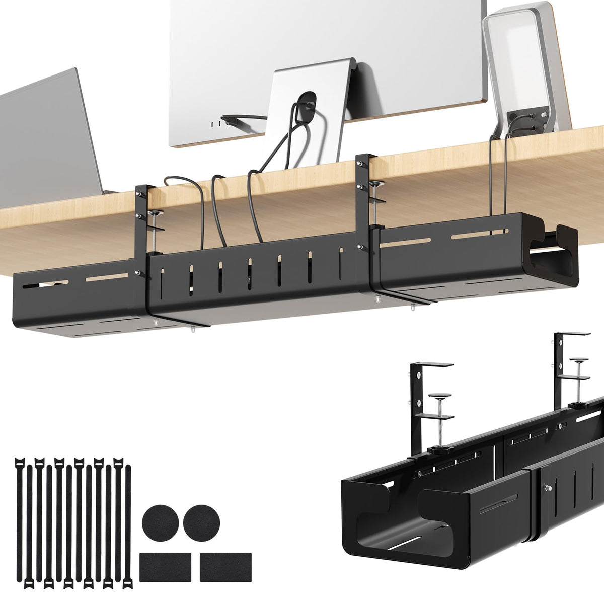 Under Desk Cable Management Tray,Expandable 25.2" – 38.6",Black - Image 1