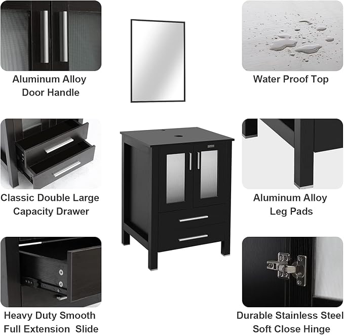 eclife 84" Modern Bathroom Vanity Sink Combo Freestanding Cabinet with Small Side Cabinet, White Curved Ceramic Vessel Sink, Water Save Faucet, Drain (Black+T32)