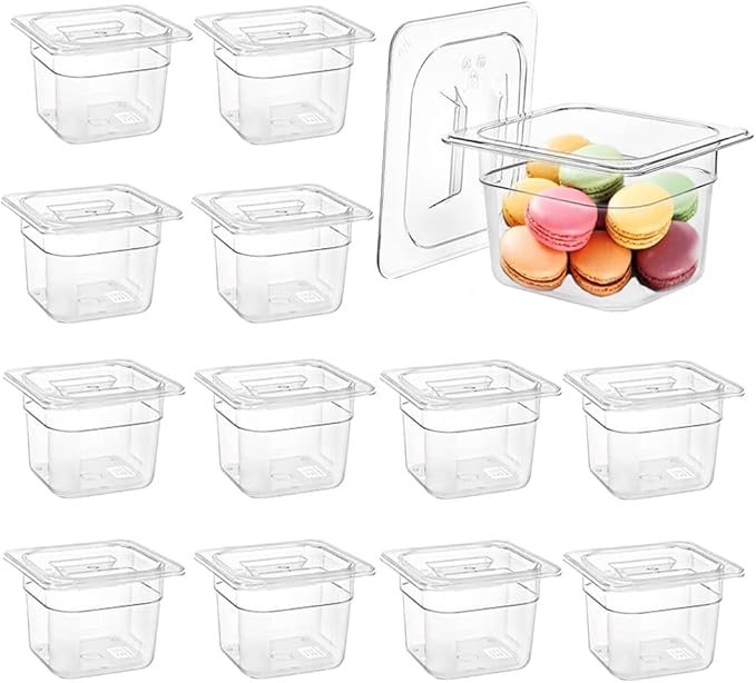 12PCS Clear Food Storage Container 1/6 Size 4 Inch Deep Plastic Food Pan with Lids Salad Bar Containers for Restaurant,Commercial,Hotel,Fruits,Vegetables,Beans