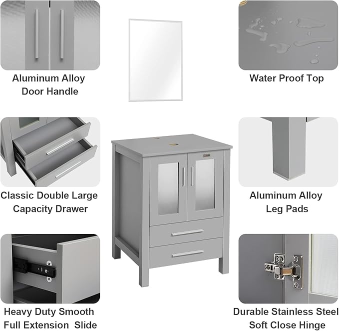 eclife 24" Modern Bathroom Vanity Sink Combo Freestanding Cabinet with Soft Closing Door, Without Vessel Sink, Faucet, Drain (Gray Vanity Only)