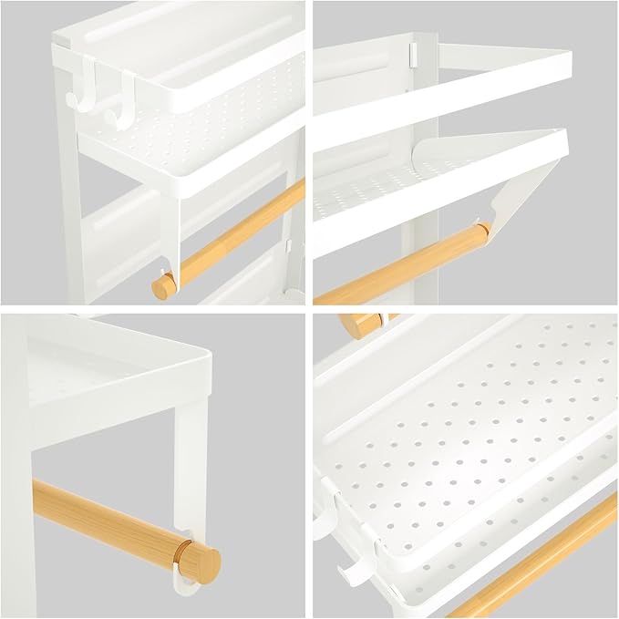 Paper Towel Holder with Shelf, 2-in-1 Magnetic Paper Towel Holder Shelf with Removable Hooks, Heavy Duty Paper Towel Organizer for Tool Shed, Garage, Workbench, Kitchen, Craft Room, Laundry Room,White