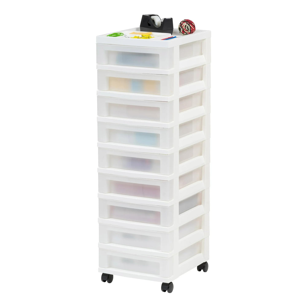 9-Drawer Narrow Plastic Storage Cart with Organizer Top, White - Image 1