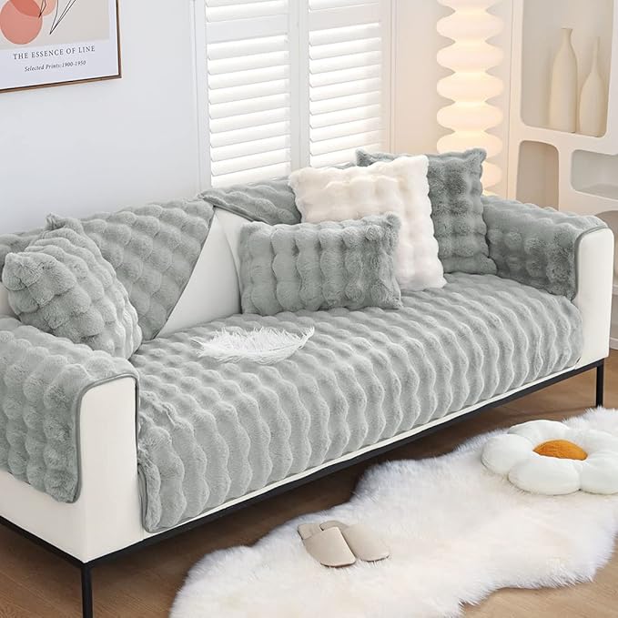 Soft Warm Faux Fur Couch Sofa Cover Thick Shaggy Fuzzy Sectional Couch Cover Non-Slip Solid Color Plush Sofa Slipcover Furniture Protector for Kids, Pets (Light Grey,28"x47")