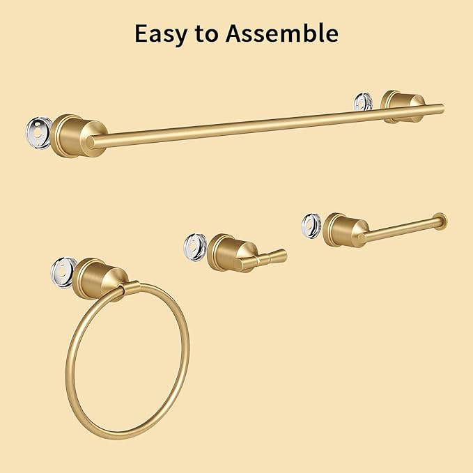YUMORE Gold Bathroom Hardware Set, 4-Pieces Wall Mounted Bath Accessories Kit, Stainless Steel Towel Bar, Towel Ring, Toilet Paper Holder & Robe Hooks, Modern Brushed Gold Finish