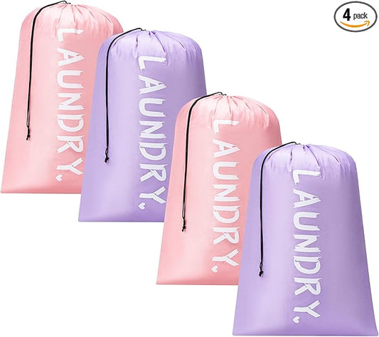4 Pack XL Travel Laundry Bag, Machine Washable Dirty Clothes Organizer with Drawstring,Large Enough to Hold 4 Loads of Laundry, Easy Fit a Laundry Hamper or Basket Travel Essentials 24" x 36"