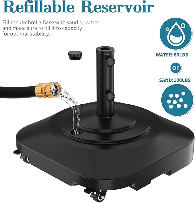 Umbrella Base,Heavy Duty Patio Umbrella Stand with 5 Wheels, Max 180lb Fillable Umbrella Holder Wind-Resistant, Mobile Square Market Stand for Outdoor, Deck, Lawn, Fits Most Sized Umbrellas (21 in)
