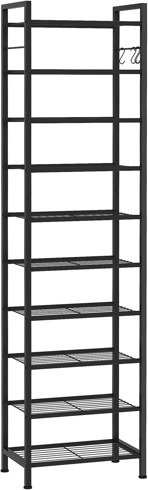usikey 10 Tiers Narrow Shoe Rack 20-30 Pairs, Sturdy Metal Tall Shoe Rack Shelf with 4 Hooks, Slim Shoe Storage with Metal Shelf, Space Saving Vertical Shoe Organizer for Entryway Black UNYXJX018H