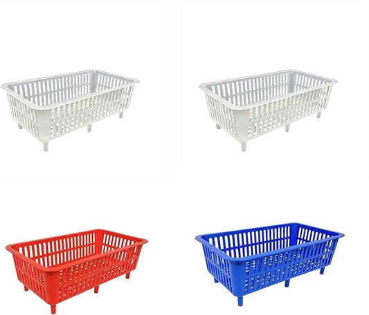 YDB Storage Plastic Drain Basket with Feet for Sorting Live Fresh Shellfish Oyster Abalone Scallop Geoduck Clams Mussels or Garden Harvest 4PCS (White+White+Blue+Red)