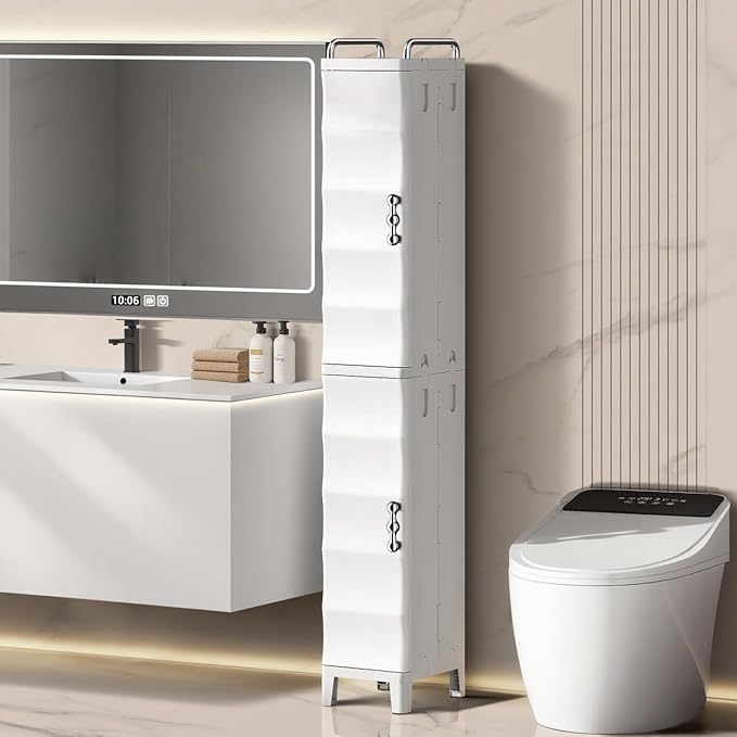 52.76" Tall Narrow Bathroom Storage Cabinet with Doors and Adjustable Shelves Plastic Slim Bathroom Storage Organizers Small Space Saver for Laundry Room Dorm Kitchen Quick Assembly, White