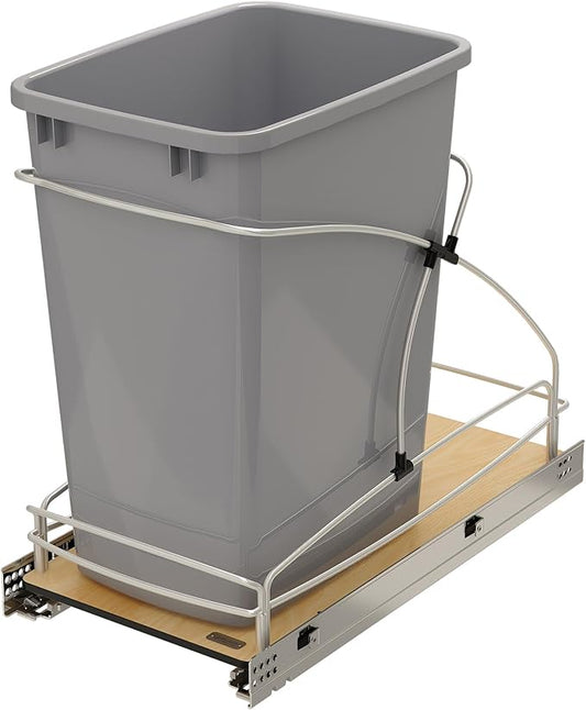 Rev-A-Shelf Steel Bottom Mount Single 35 Quart 8.75 Gallon Waste Bin Trash Container for Under Kitchen Cabinet with Soft Close, Gray, 54WC-1535SC-17-1