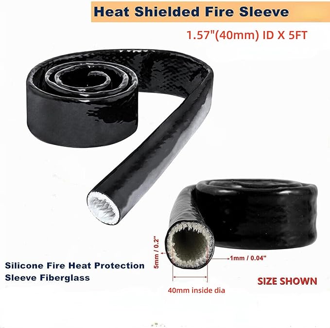 1.57"(40mm) ID Heat Shielded Fire Thermo Armor Fire Sleeve Silicone Coated Fiberglass for Automotive Hose Lines & Electrical Wiring Black, 5 feet