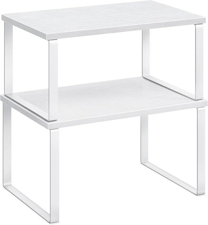 2-Piece Stackable Cabinet Organizer Shelf Set - Expandable Kitchen Spice Rack Storage in White