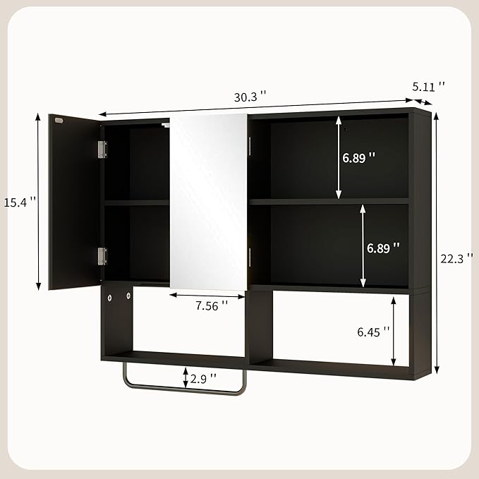 Medicine Cabinet, Wooden Bathroom Wall Cabinet with 2 Doors, Adjustable Shelves & Towel Bar, Over Toilet Storage Cabinet Wall Mounted for Laundry with Mirror, Black