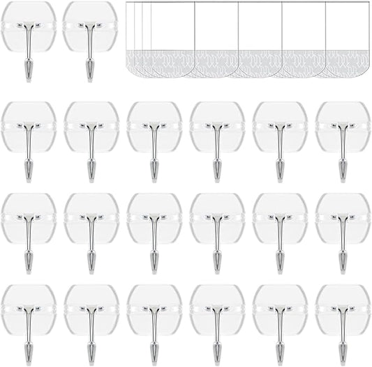 20 Hooks-25 Removable Strips, Small Clear Wire Hooks Value Pack, Damage Free Hanging Wall Hooks with Adhesive Strips, Removes Cleanly, No Tools Utility Hooks for Hanging Decorations