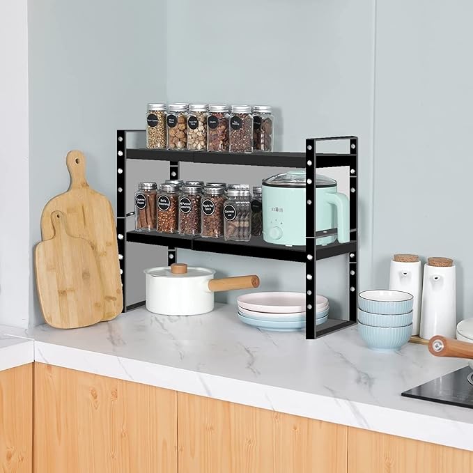 Expandable Stackable Spice Rack Cabinet Shelf Organizer in Cabinets Shelves Kitchen Cupboard Organization Stack up Racks Pantry Countertop Storage Medium/Black 2 Packs