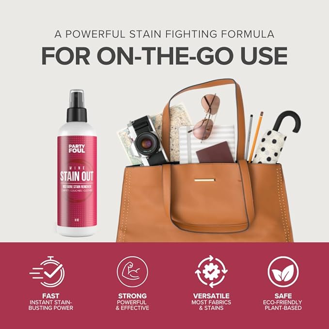 Party Foul Wine Stain Out Spray - Plant Based Red Wine Stain Remover for Clothes, Carpets, & Couches - Stain Remover Spray for Coffee, Tea, & Sports Drinks Stains - Unscented - 8 oz