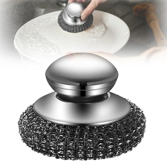 Stainless Steel Wool Scrubber with Handle,2025 New Steel Wool Scrubber with Handle,Replaceable Steel Brush Wool Pads,Detachable Metal Scrubber for Dishes,Iron Pots,Stoves (Scrubber/1pcs)