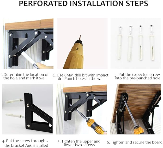 Storystore Folding Shelf Brackets - 20 Inch Heavy Duty Metal Collapsible Shelf Bracket for Bench Table, Shelf Hinge Wall Mounted Space Saving DIY Bracket, Max Load: 150 lb 2 PCS (Black)