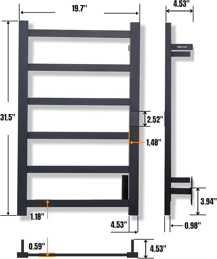 Electric Towel Warmer | Super Thin | with Timer & Temperature Multi-Level Adjustments | Hardwired & Plug-in | 6 Bar | Matte Black Finish