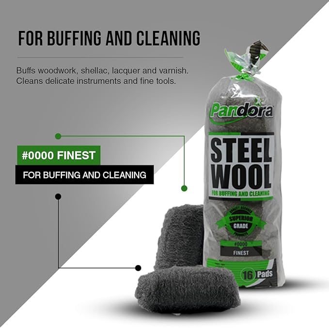 Pandora Steel Wool #0000 - Finest Grade, 32 Pads for Buffing and Cleaning - Metal Strands - Ideal for Windows and Furniture