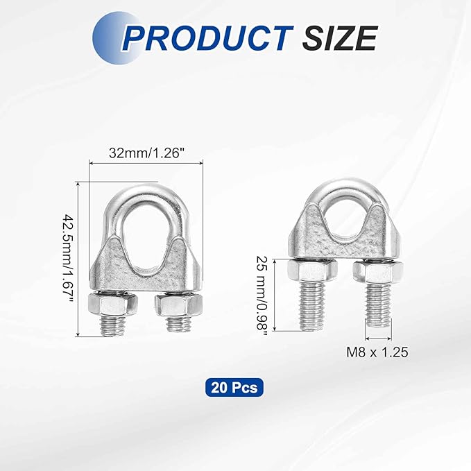 MECCANIXITY 20Pcs Wire Rope Cable Clip Clamps 3/8 Inch M10 Small 304 Stainless Steel U Bolt Saddle Fasteners Hardware for Secure Rigging Marine Guy Line Fence Clothesline, Silver
