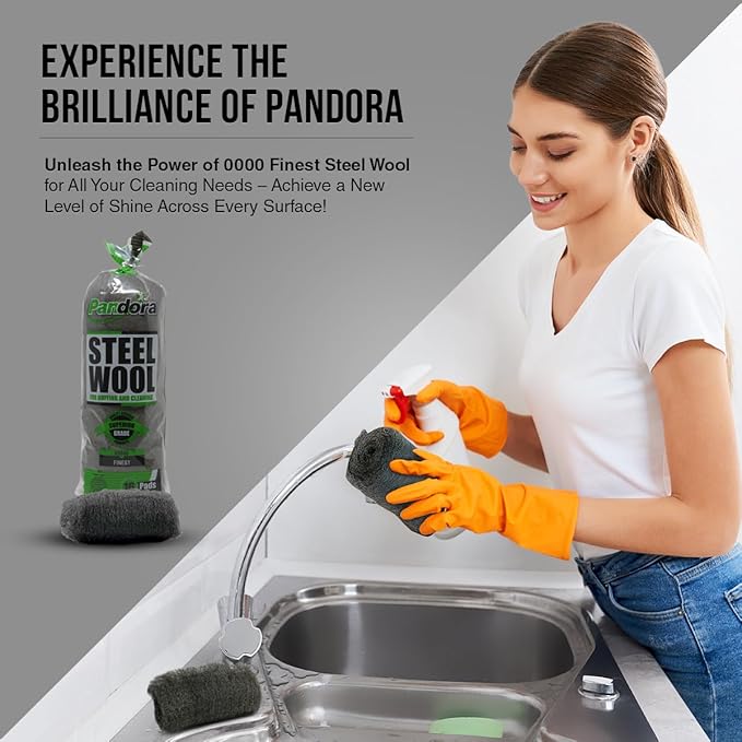 Pandora Steel Wool #0000 - Finest Grade, 48 Pads for Buffing and Cleaning - Metal Strands - Ideal for Windows and Furniture