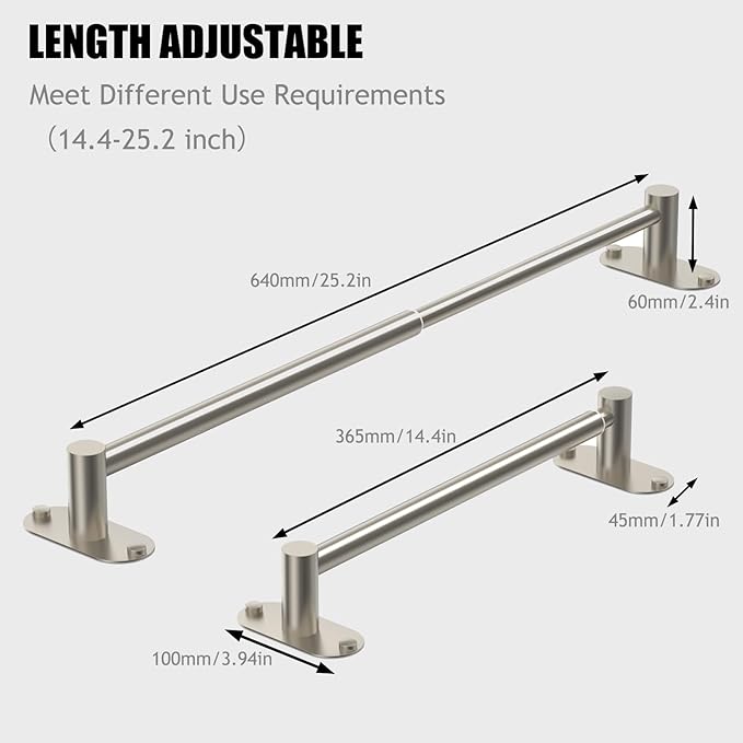 Towel Bar, Adjustable 14.4inch - 25.2inch Towel Rack, Self Adhesive & Wall Mounted for Bathroom Kitchen Hand Towel Holder Cloths Hanger SUS 304 Stainless Steel Organizer Single Bar (2, Brushed Nickel)