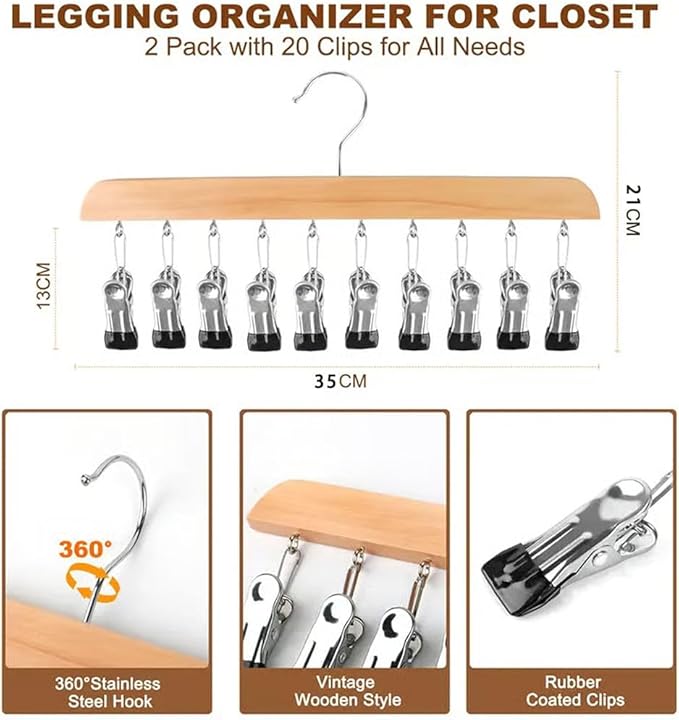 Closet Organizer with 10 Clips - Space Saving Hanging Closet Organizer, 2026 Upgraded Legging Hangers for Closet, 360° Rotating Metal Clips with Silicone Lining for Clothes (New-Vintage, 2PCS)