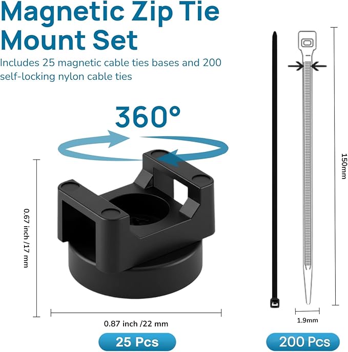 Magnetic Cable Ties Set, 25 Magnetic Zip Tie Mounts with 200 Cable Ties, Strong Wire Holder Cables Management, Multipurpose Electrical Cord Management Cord Holders Organizer (22mm)