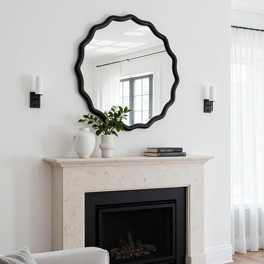 Circle Scalloped Mirror for Wall 24" Round Wavy Wooden Frame Vanity Mirror Hanging for Bedroom, Living Room, Hallway, Entryway, Home Decor Black