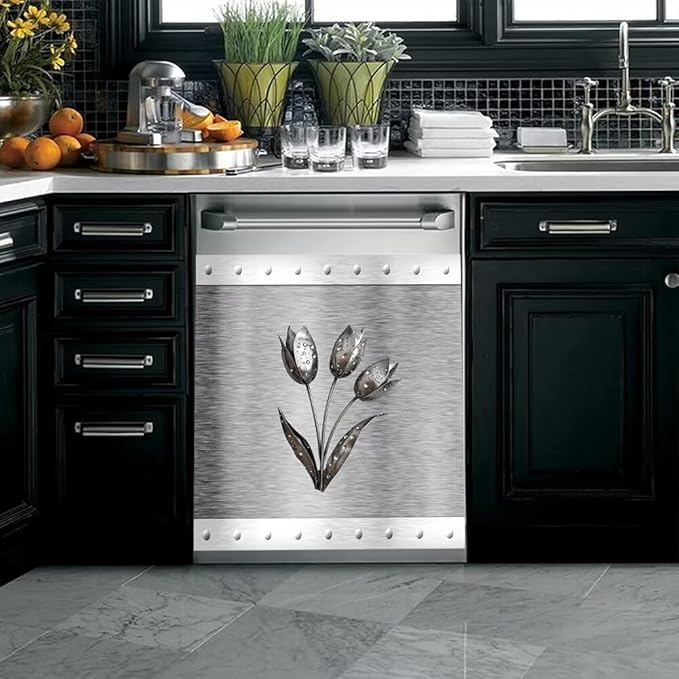 Artificial Metal Effect Dishwasher Cover Magnet Kitchen Decor, Stainless Steel Flower Effect Dishwasher Magnet Cover Front Door Panel Decal, Refrigerator Magnetic Decals 23'' W x 26'' H