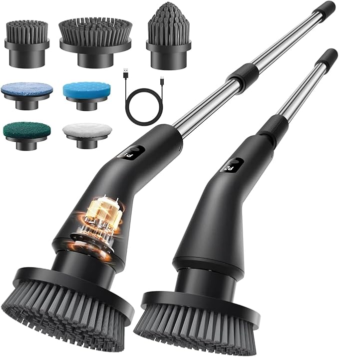 Electric Spin Scrubber with 7 Brush Heads & Extendable Handle for Bathroom and Kitchen Cleaning
