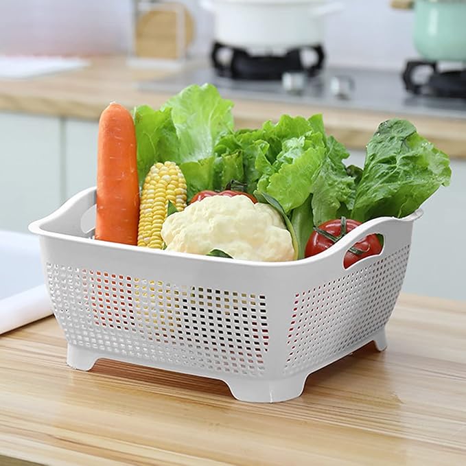 Double-layer Draining Basket Plastic Fruits Vegetable Washing Basket Food Storage Basket Multi-layer Stackable Vegetable Sinks Wash Drain Basket for Kitchen （Grey）