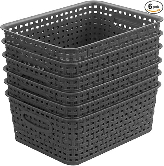 Grey Plastic Woven Storage Basket, 6-Pack Weave Gray Basket Organizer for Kitchen Office Bathroom