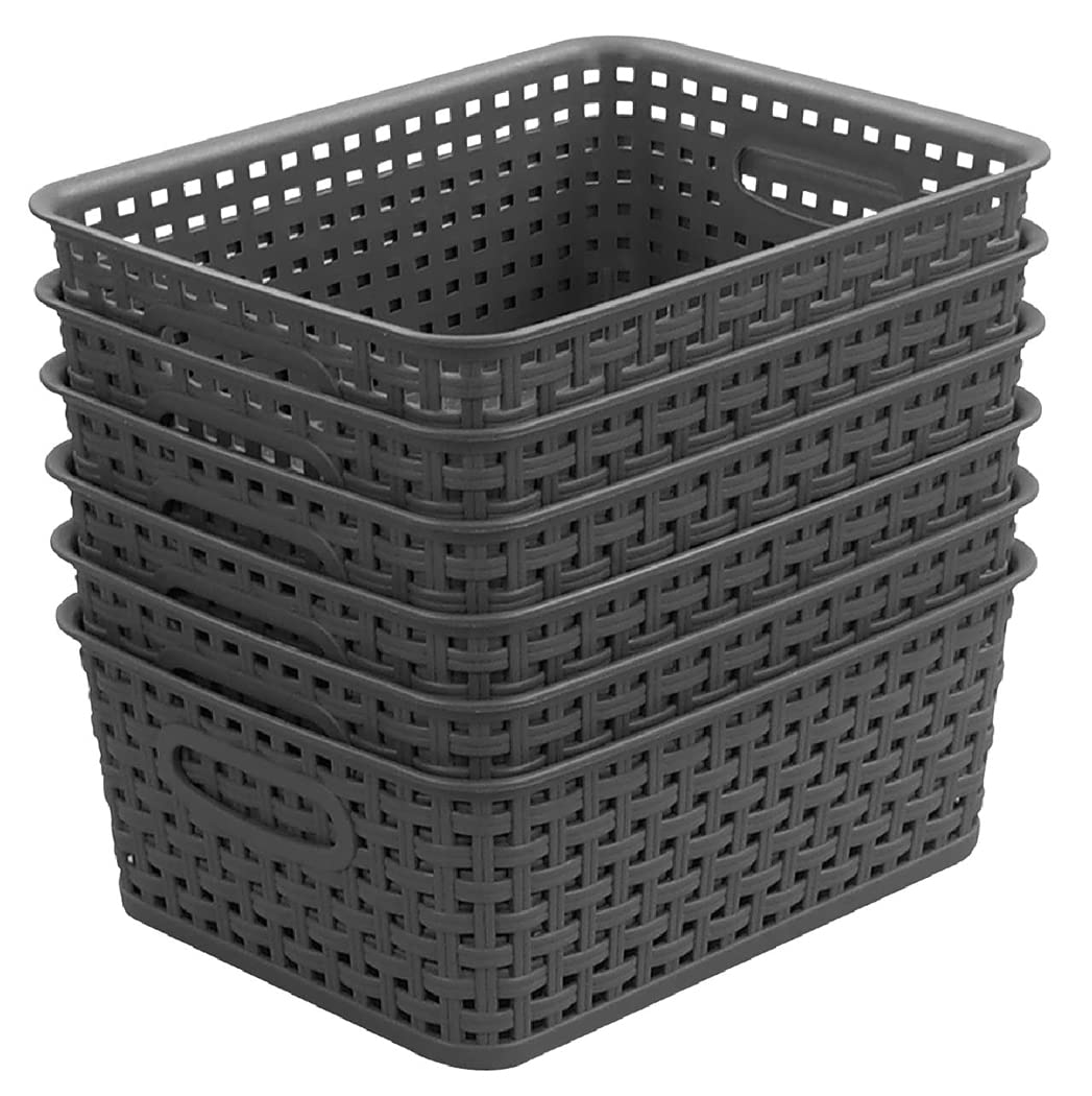Grey Plastic Woven Storage Basket, 6-Pack Weave Gray Basket - Image 1
