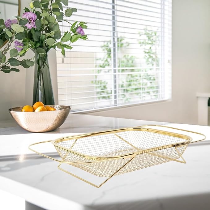 Over the Sink Colander, Expandable Baskets with Fine Mesh Strainer Handle Stainless Steel Rectangle Kitchen Colanders for Strain Drain Rinse Fruits Vegetables Pasta New Home Essentials (Gold)