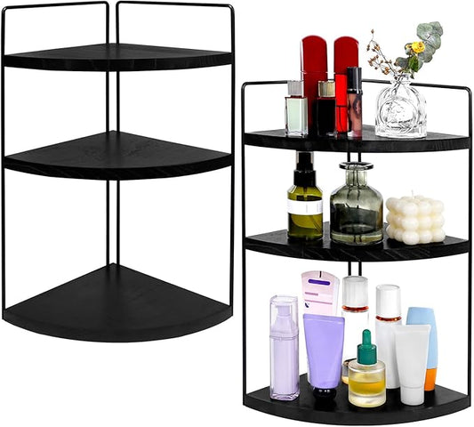 Corner Bathroom Counter Organizer Countertop Black, 2 Pack 3 Tier Corner Shelf Wood Vanity Tray Easy Assembly Space Saving Shelf for Kitchen, Bathroom, Dresser, Makeup, Office