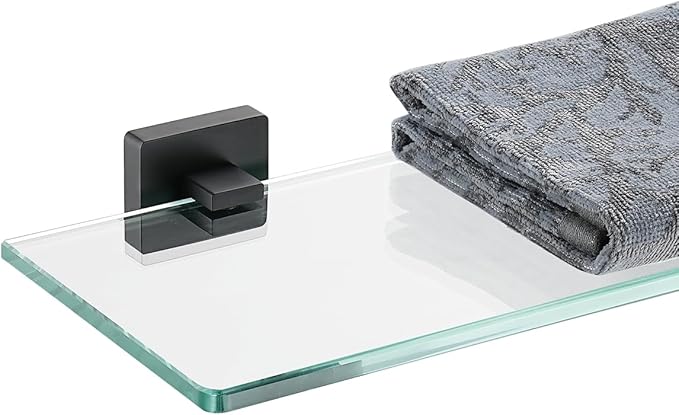 JQK Bathroom Glass Shelf Black, Tempered Glass Shower Storage 20 by 5 inches, 304 Stainless Steel Matte Black Wall Mount, TGS201L20-PB