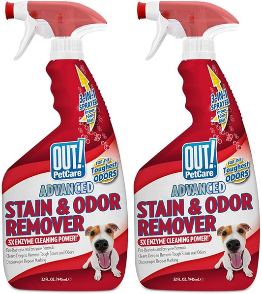 OUT! PetCare Pet Odor & Stain Remover Spray, Carpet & Floor Cleaner, Deodorizer for Dogs & Cats, Made in USA, 32 fl oz (2 Pack)