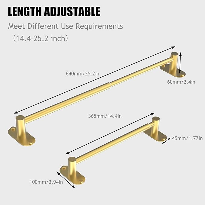 Towel Bar, Adjustable 14.4inch - 25.2inch Towel Rack, Self Adhesive & Wall Mounted for Bathroom Kitchen Hand Towel Holder Cloths Hanger SUS 304 Stainless Steel Organizer Single Bar (4, Gold)