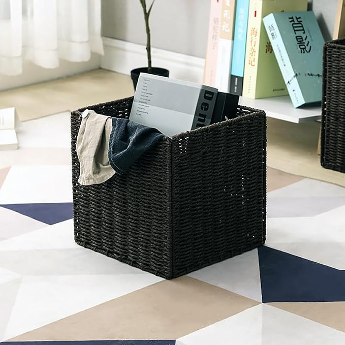 10.5x10.5in Storage Baskets Set of 3 Black Paper Rope Woven Baskets,Foldable Handwoven Storage Cubes,Wicker Cube Baskets Laundry Organizer Totes for Bathroom, Bedroom, Laundry, Pantry, Shelves
