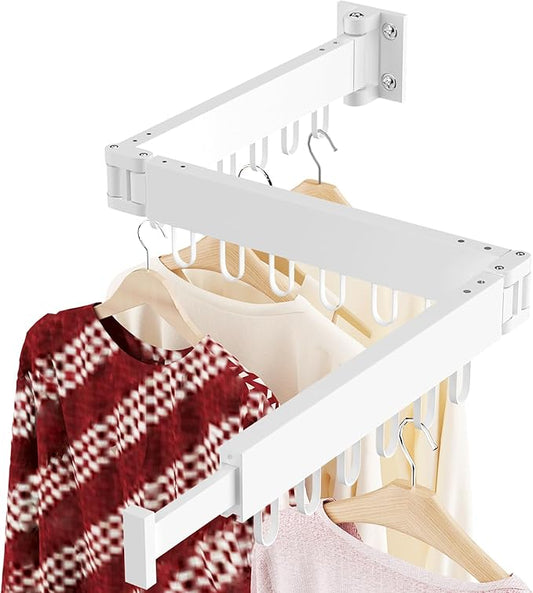 JAUREE Wall Mounted Clothes Drying Rack, Foldable & Collapsible Laundry Drying Rack, Space Saving Tri-Fold Retractable Dryer with 18 Hooks for Indoor & Outdoor, White